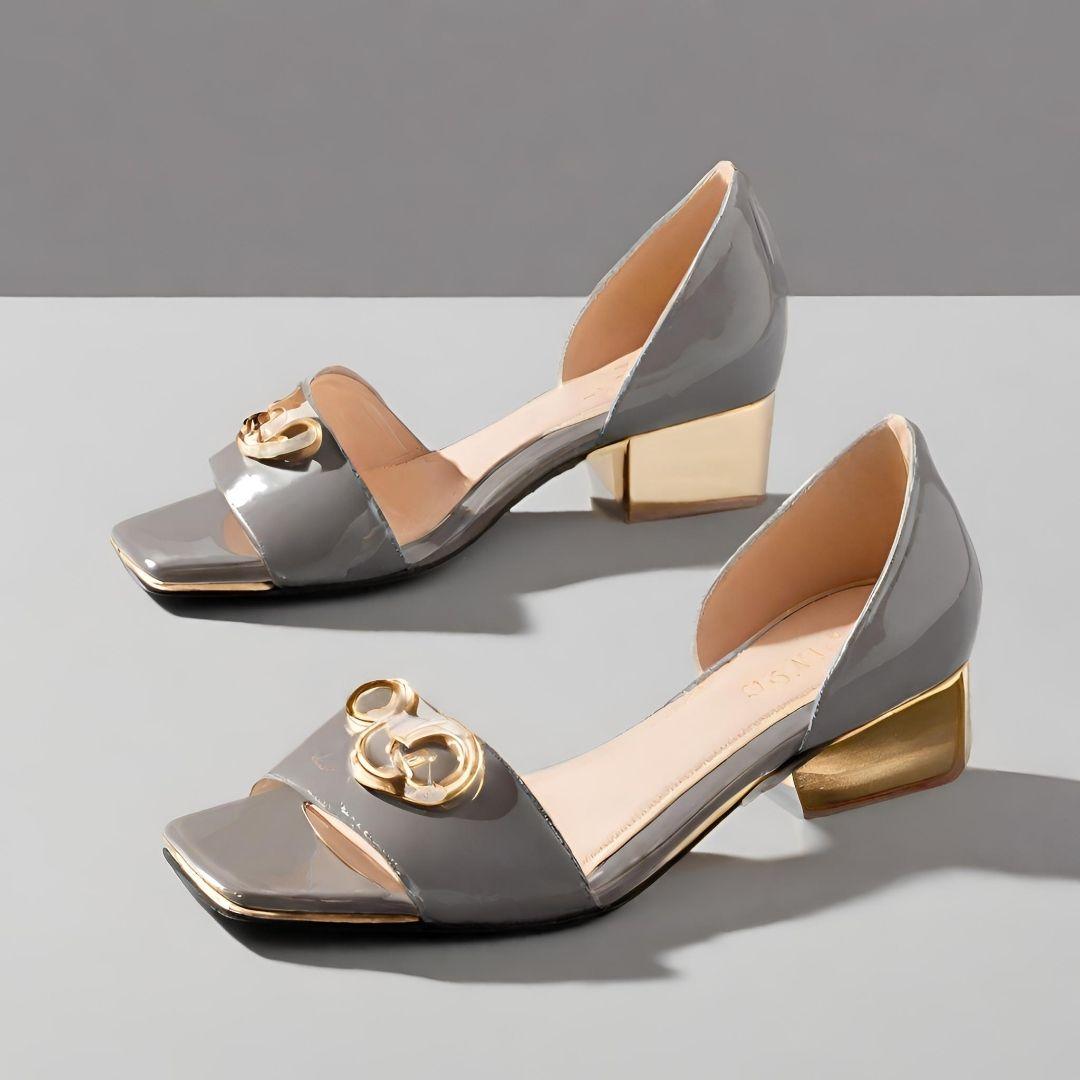 Elegant Patent Leather Peep-Toe Pumps with Gold-Tone Heel