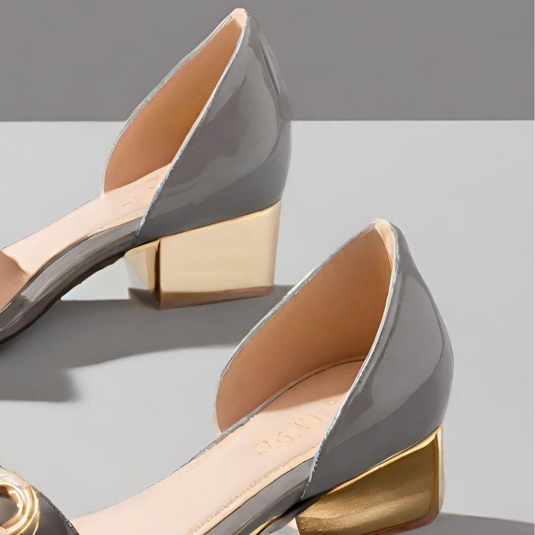 Elegant Patent Leather Peep-Toe Pumps with Gold-Tone Heel